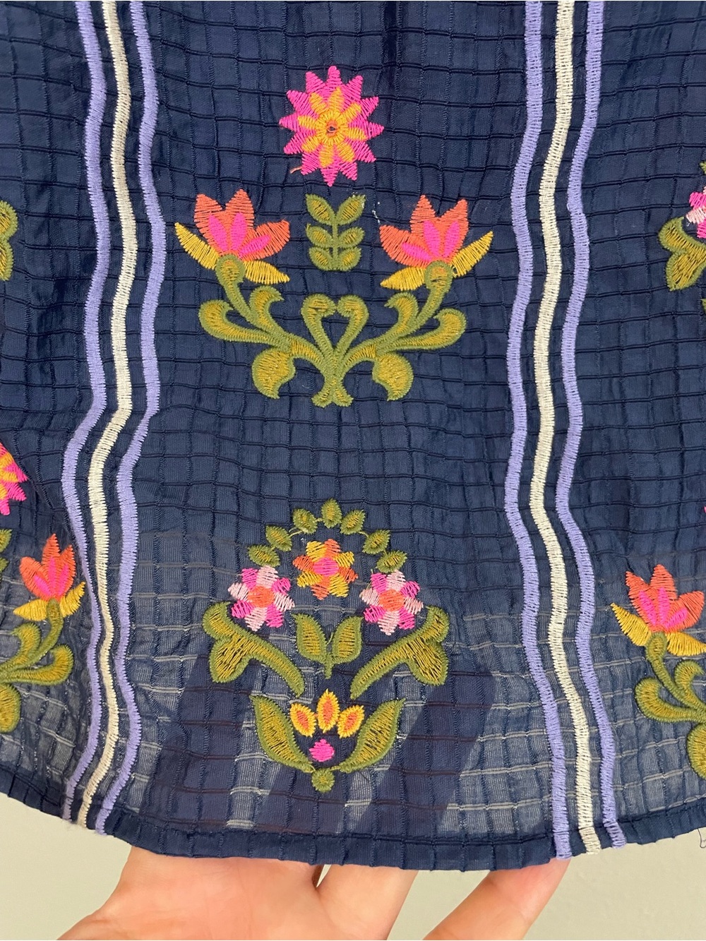THML Campbell Navy Floral Embroidered Ruffle Neck Popover Top Size Large - Picture 4 of 8